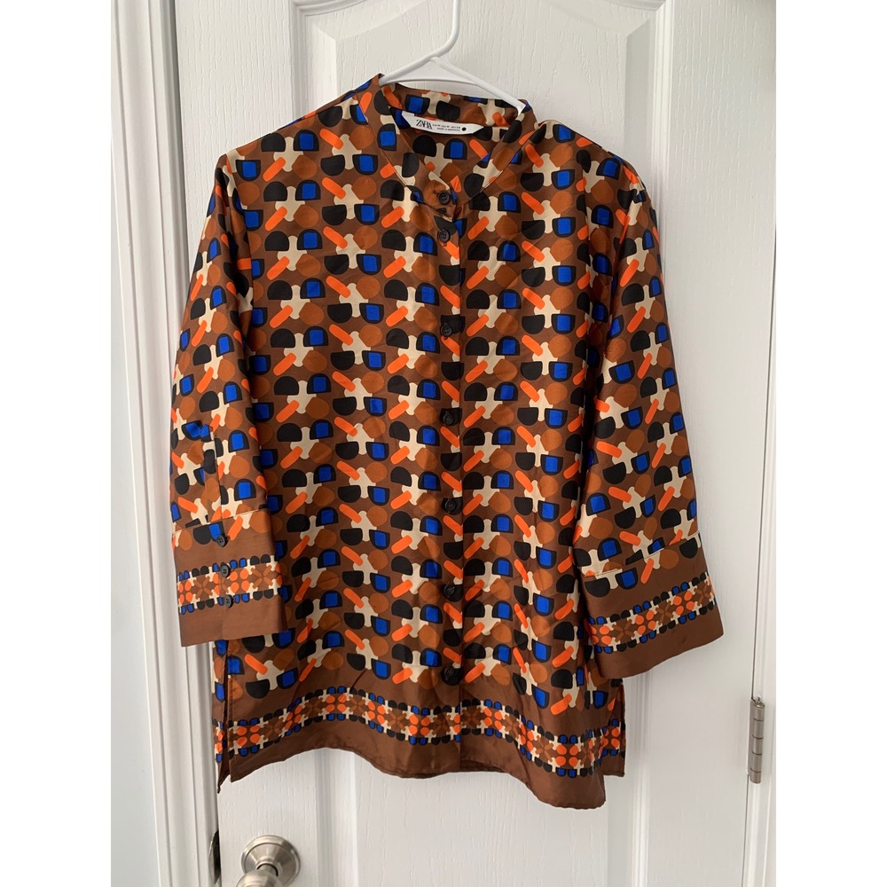Zara Geometric Abstract Print Mandarin Collar Blouse Brown Orange Blue Medium